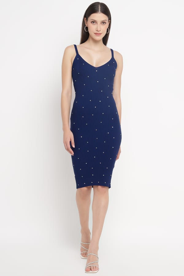 Navy Ribbed Bodycon Midi Dress with Rhinestone Embellishment — SILVIAN HEACH