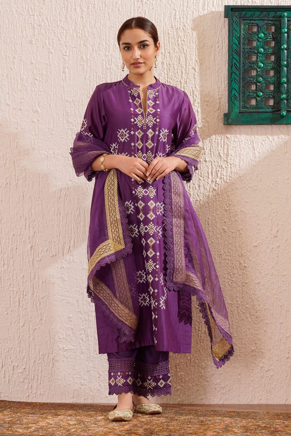 Block Printed Kurta Set With Pants & Dupatta — Omi Clothing