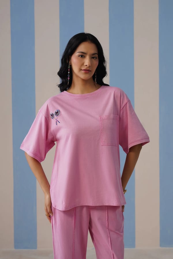 Baby Pink Cotton Jersey Relaxed-Fit T-Shirt with Sequin Motif — STITCH STORIES