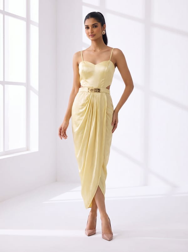 Beige Drape Dress Sets — SOUP by Sougat Paul