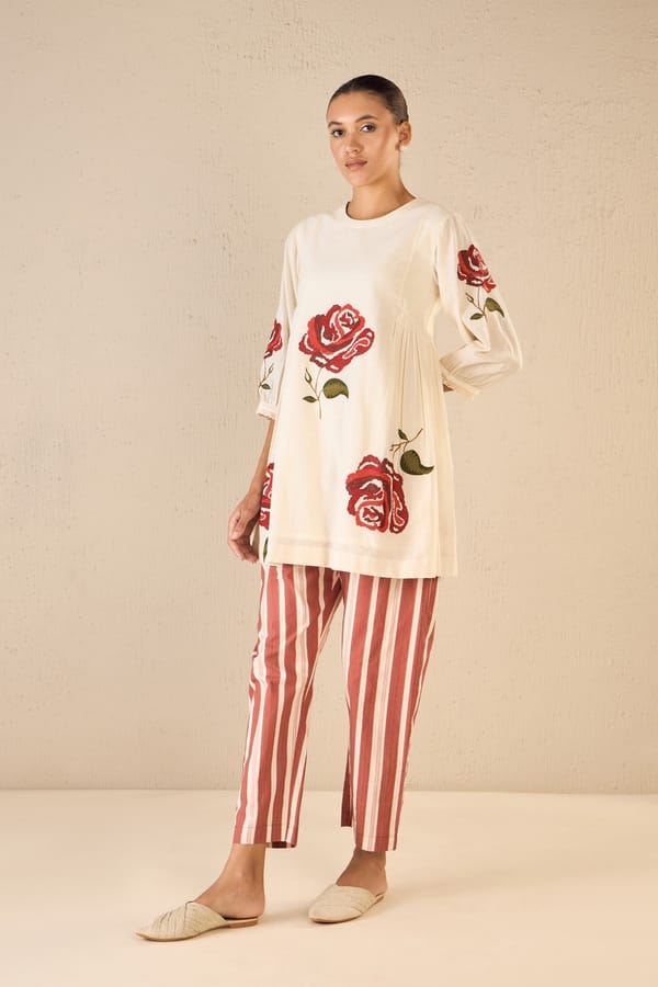 Royal Rose: Ivory Side Gather Tunic With Red Pant — SHIVANI BHARGAVA