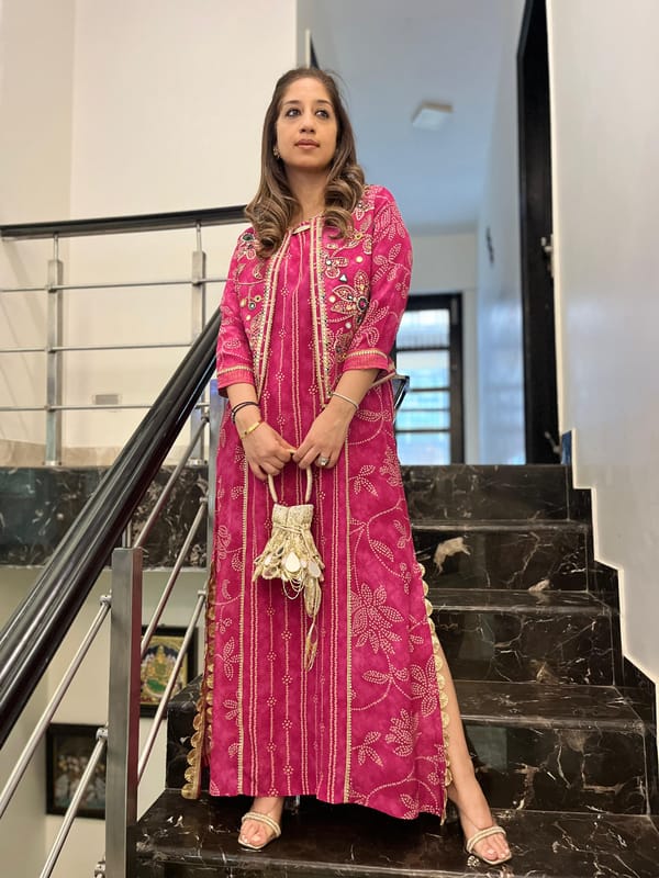 Pink Floral Bandhani Maxi Dress Set with Embroidered Jacket — BUMBLEBEE