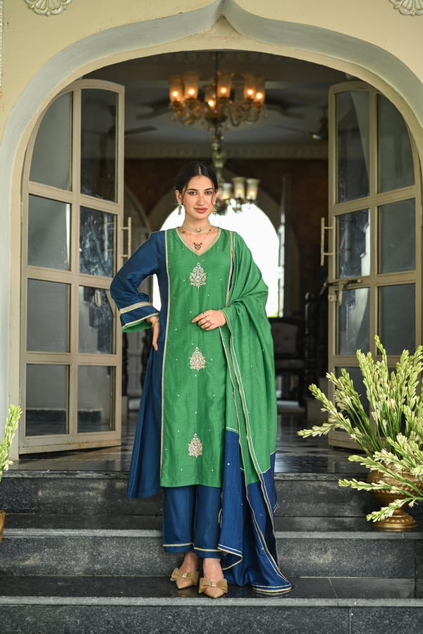 Green and blue tyohaar gota work Mul Chanderi Suit Set-SET OF-3 — MAHEE JAIPUR