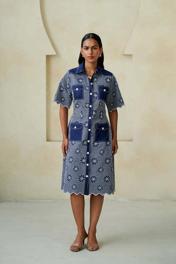 Navy Cutwork Embroidered Midi Shirt Dress with Pockets — STITCH STORIES
