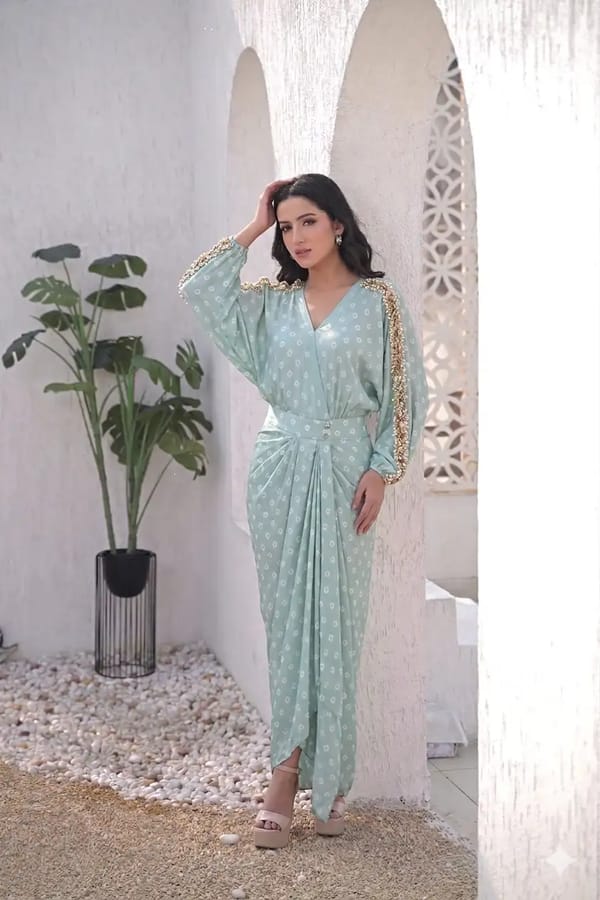 Sea Blue Printed Satin Maxi Dress with Embellished Trim — RUCHIKA MALLIKA LABEL