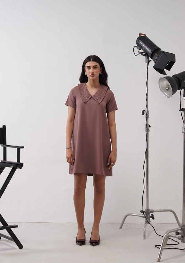 Mocha Mousse Pearl-Collar Mini Shift Dress — AMOSHI