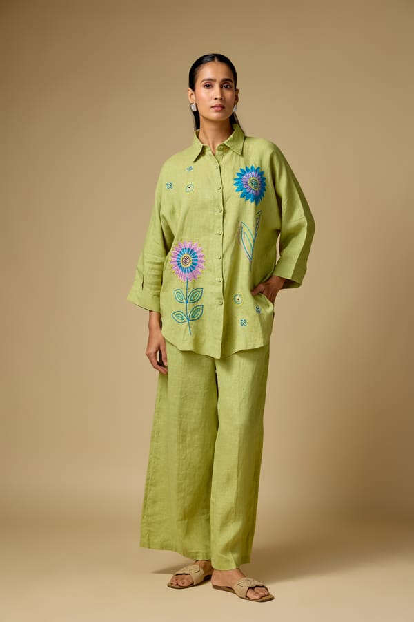 Pista Green Linen Embroidered Shirt and Pant Co-ord Set — Linen Bloom