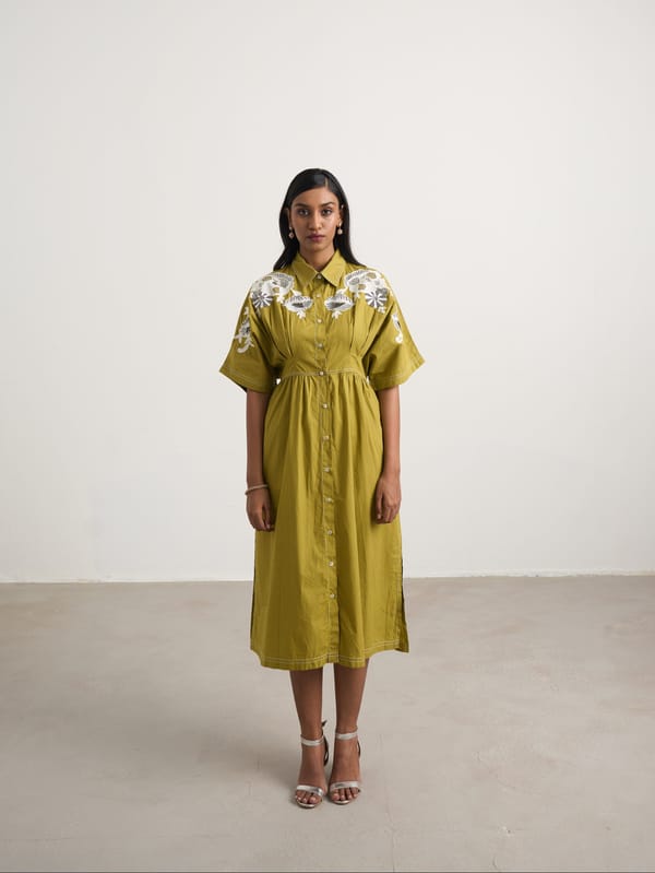 Green Embroidered Button-Down Cotton Midi Shirt Dress — Naka Teki