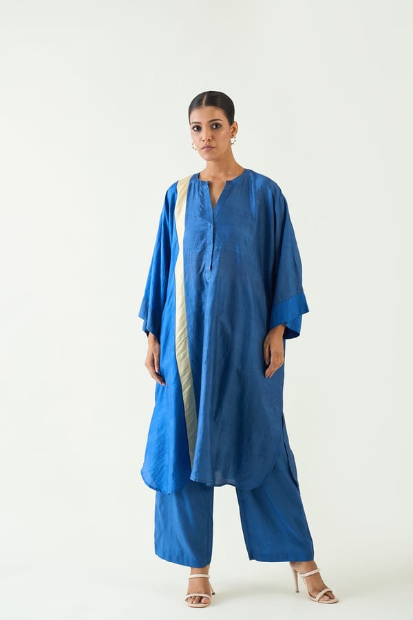 Niti: Linear Blue and Beige Long Kimono set- Blue — SHIVANI BHARGAVA