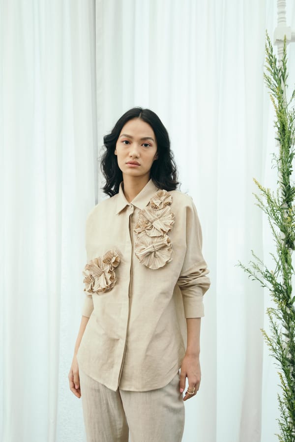 Beige Linen Shirt with Tonal 3D Floral Applique — Pleats by Aruni