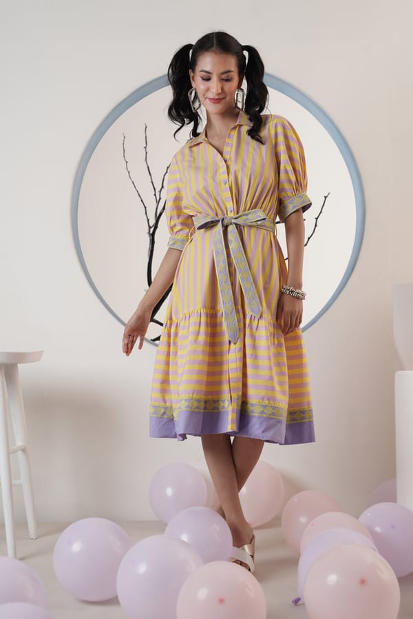 Yellow and Lilac Striped Belted Midi Shirt Dress — SURABHI ARYA