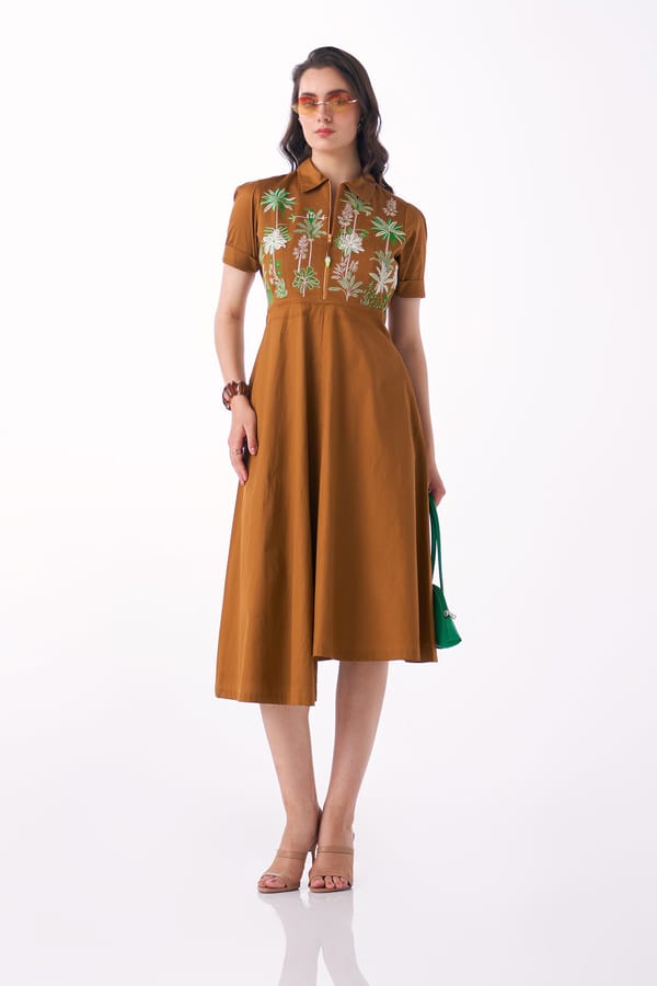 Teakwood Cotton Twill Embroidered Zip-Front Midi Dress — Our Love