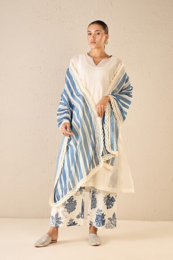 Floral Odyssey: Ivory Pintuck Choga Set — SHIVANI BHARGAVA