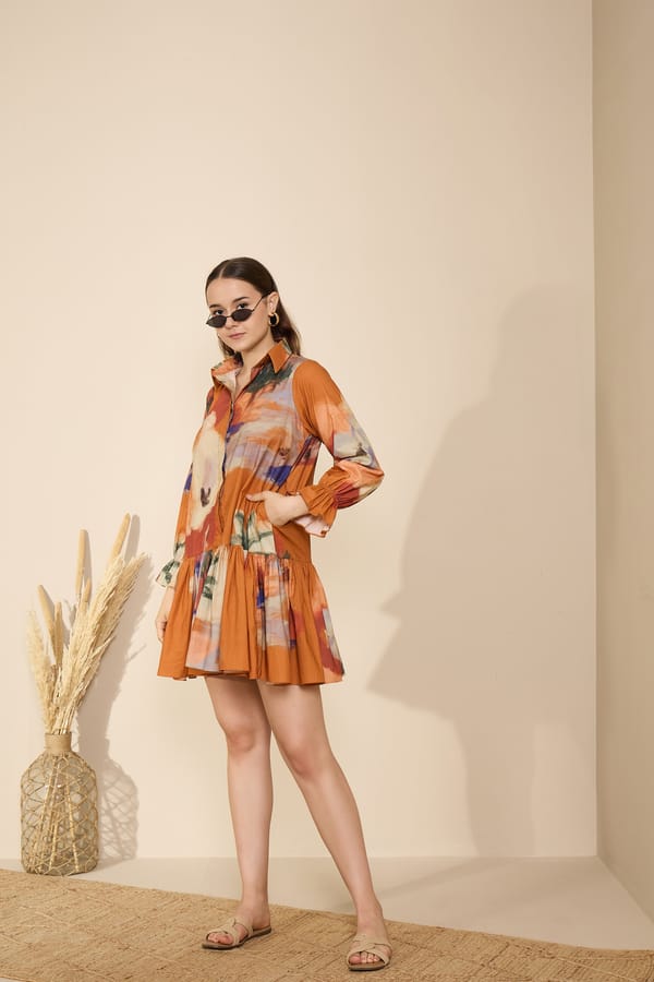 Rust Abstract Print Tiered Mini Shirt Dress — GAIMA LABEL