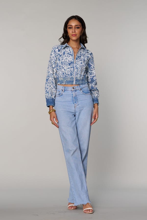 Blue Cropped Denim Jacket with White Floral Embroidery — Style Island
