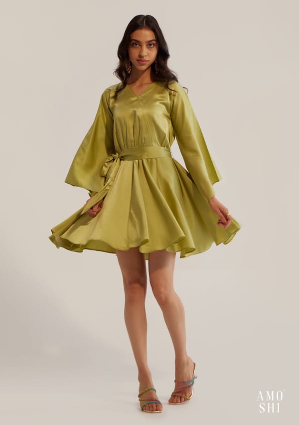 Pear Green Satin Fit and Flare Mini Dress with Belt — AMOSHI