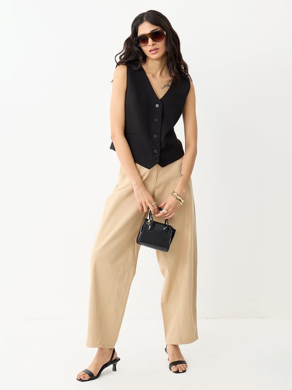 Beige Barrel Fit Pants — Femmella