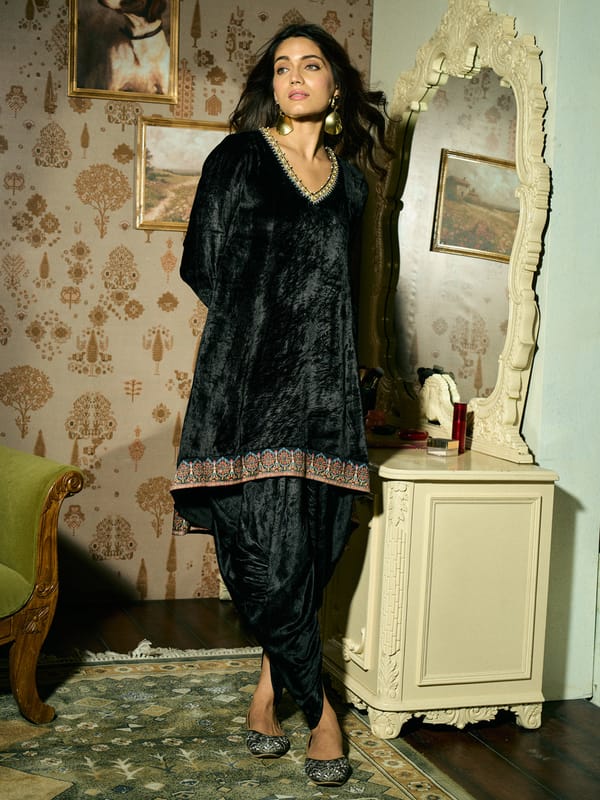 Black Velvet High-Low V-Neck Kurta Set with Dhoti Bottom — SAUNDH