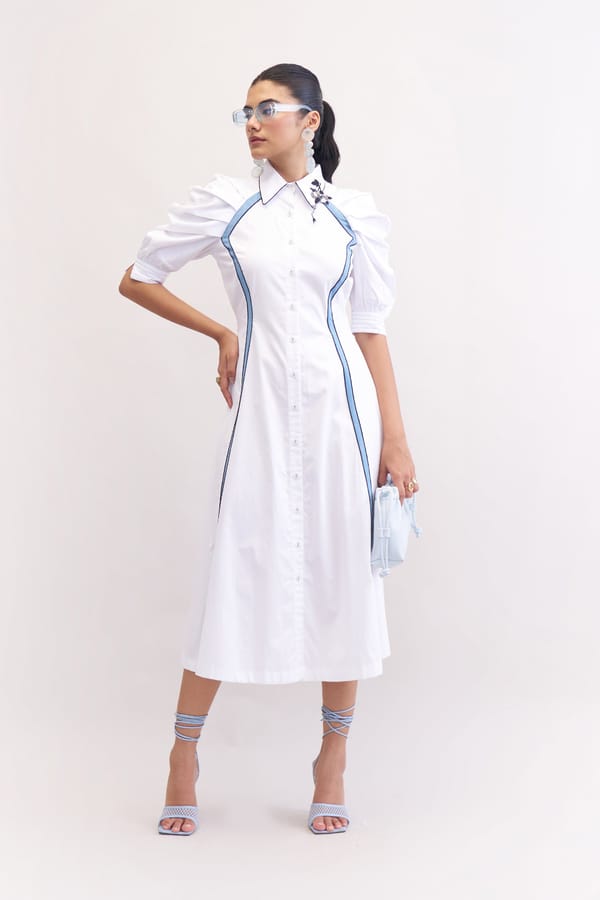 White Midi Shirt Dress with Blue Side Panels — Our Love
