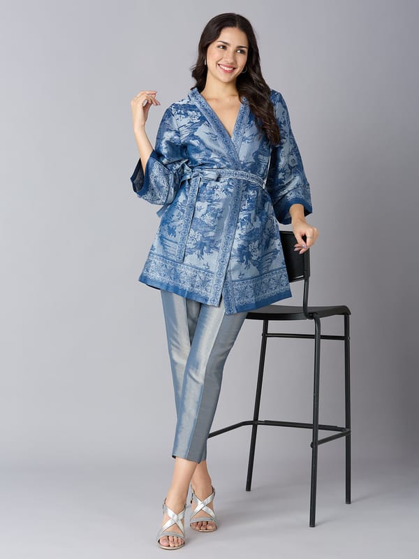 Brocade Floral Design Blue Kimono — Cloth Haus