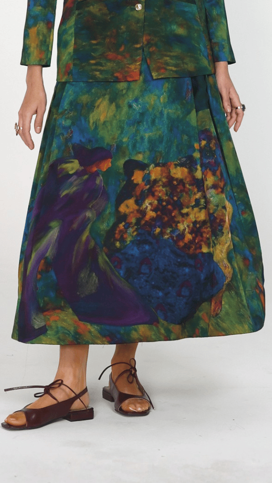 Multicolor Abstract Printed High-Waist Box Pleat Midi Skirt — ART LOV AFFAIR