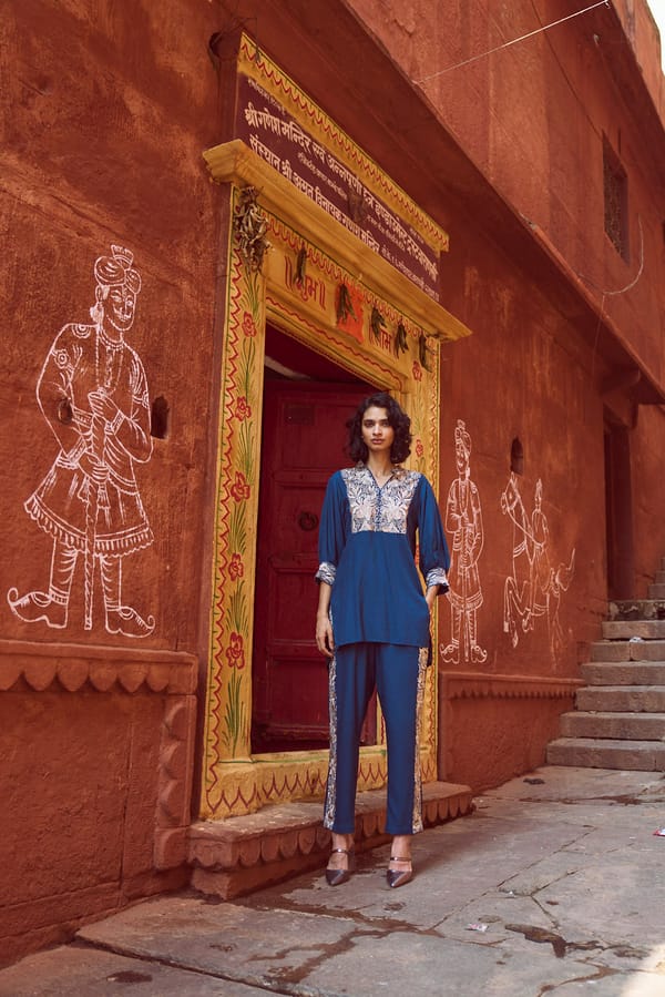 Blue Embroidered Tunic Top and Pant Co-ord Set — Dash and Dot