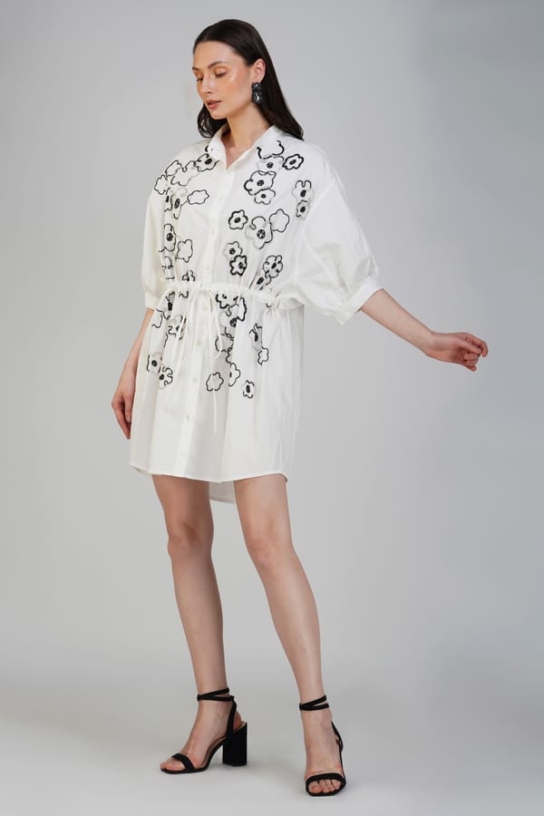 Ivory Cotton Shirt Dress with Black Floral Embroidery — KIHIKI