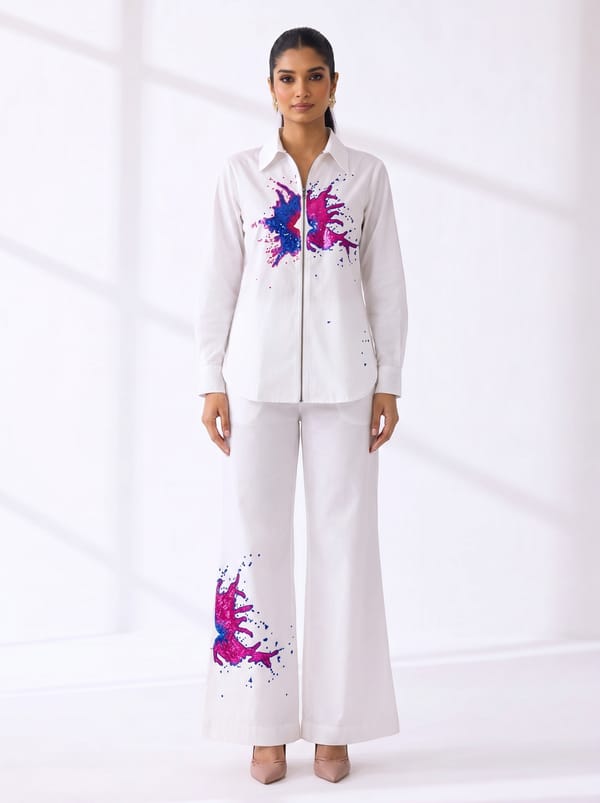White Zip-Front Shirt and Wide-Leg Pants Co-ord Set — Ang-sa