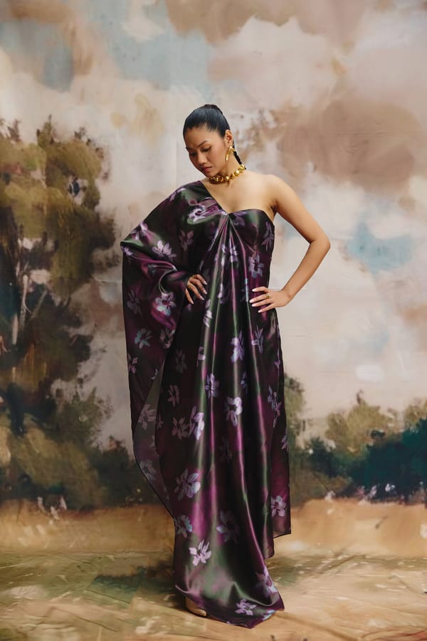 Multicolor One-Shoulder Floral Maxi Gown with Cape Drape — Zip by Payal Zinal
