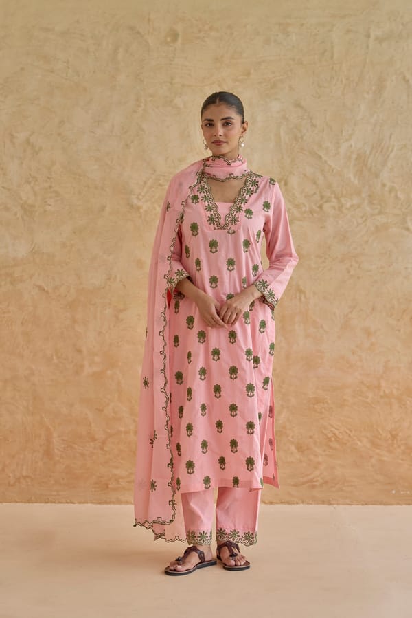 Pink and Green Printed Cotton Straight Kurta Set — CHHIPA JAIPUR