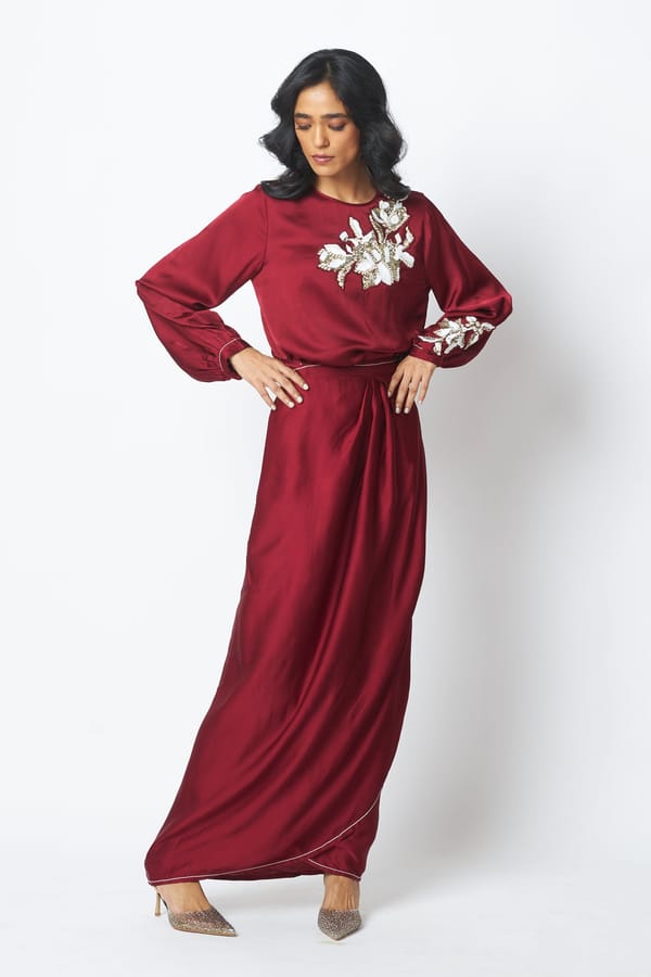 Burgundy Satin Blouson Top and Drape Maxi Skirt Co-ord — Madder Much