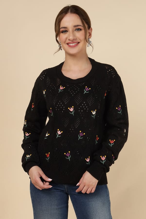 Black Openwork Knit Floral Motif Pullover Sweater — ES-Q