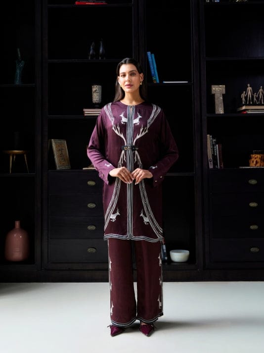 Burgundy Cupro Satin Printed Kurta and Pant Co-ord Set — Kamaali Pret