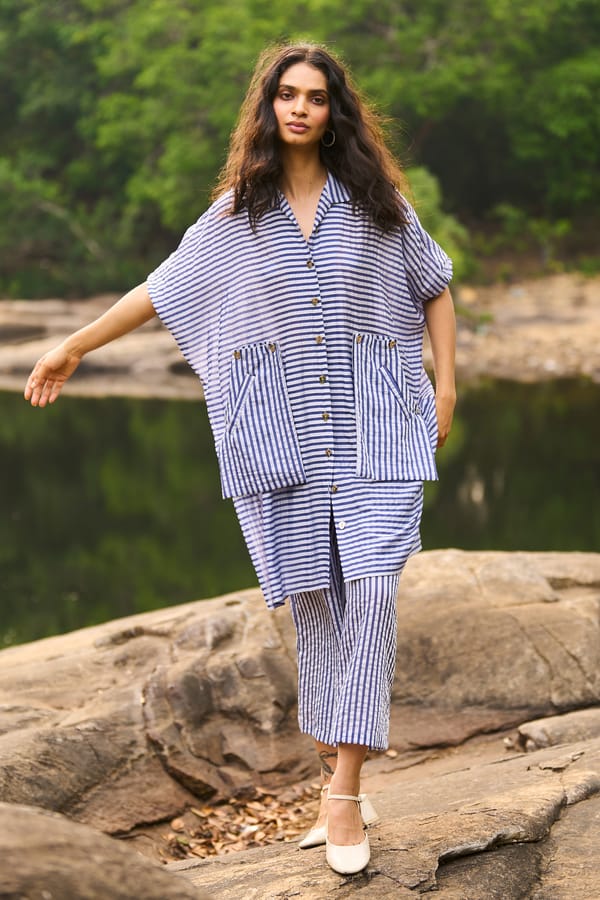 White/Blue Wide-Leg Striped Trousers — Dash and Dot