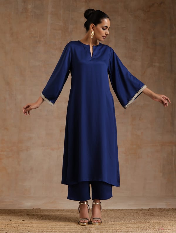 Midnight Blue Modal Satin Straight Kurta Pant Set — Truebrowns