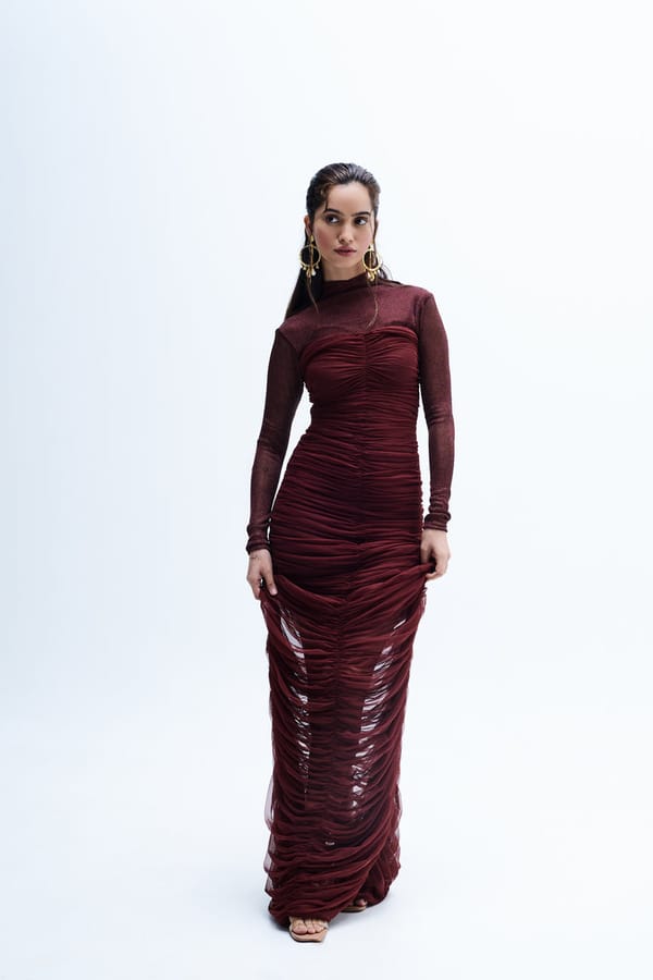 Maroon Ruched Mesh Bodycon Maxi Dress — GKDedit