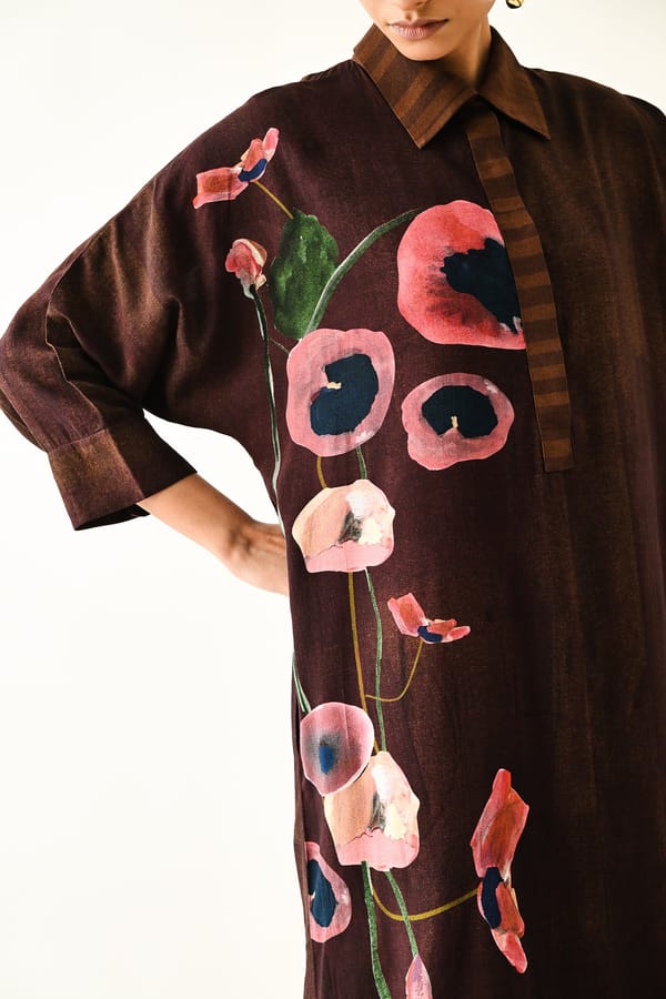 Brown Floral Placement Print Maxi Shirt Dress — Ofrida