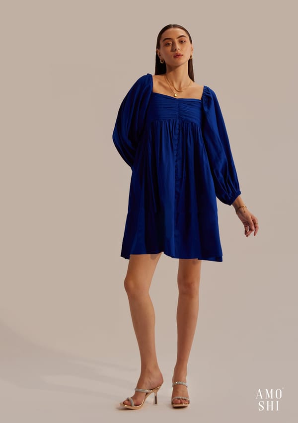 Royal Blue Ruched Square Neck Mini Dress — AMOSHI