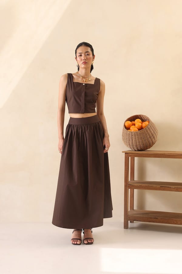 Brown Cotton Poplin Crop Top and Maxi Skirt Co-ord Set — Olavi