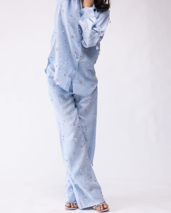 Pastel Blue High-Waisted Wide-Leg Linen Trousers — MAGIA