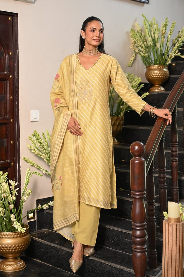 Lime Green Lehariya Gota Work with Block Printed Dupatta Suit-SET OF -3 — MAHEE JAIPUR