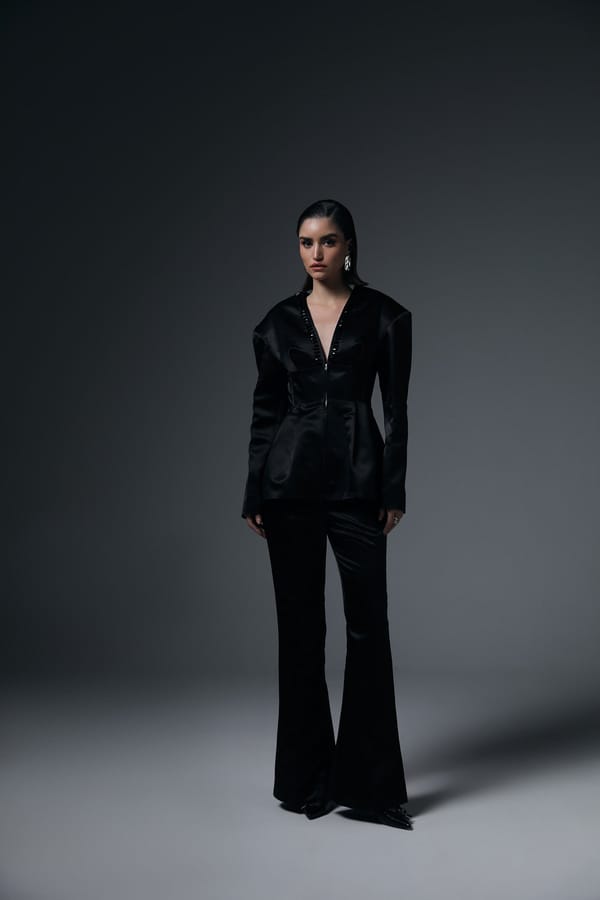 Black Dutch Satin Pantsuit Co-ord Set with Crystal Neckline — BELONG