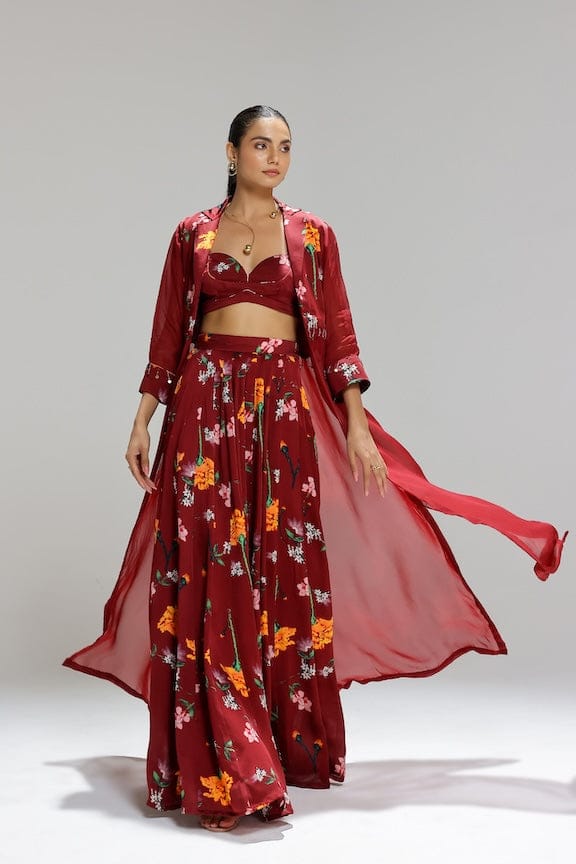 Maroon Floral Kalidar Skirt Set with Organza Jacket — STUDIO SURBHI