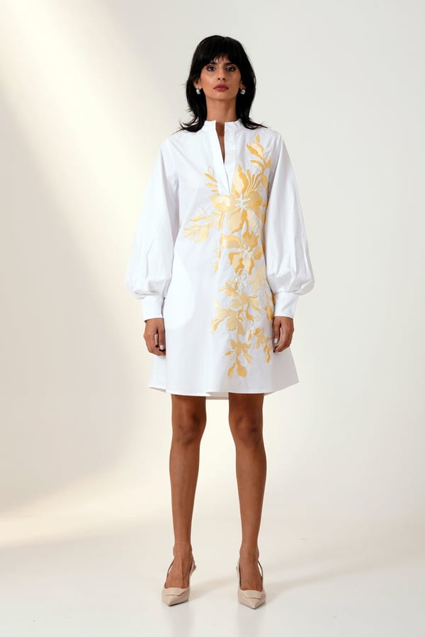 White/Yellow Poplin Mini Shirt Dress with Floral Applique — Madder Much