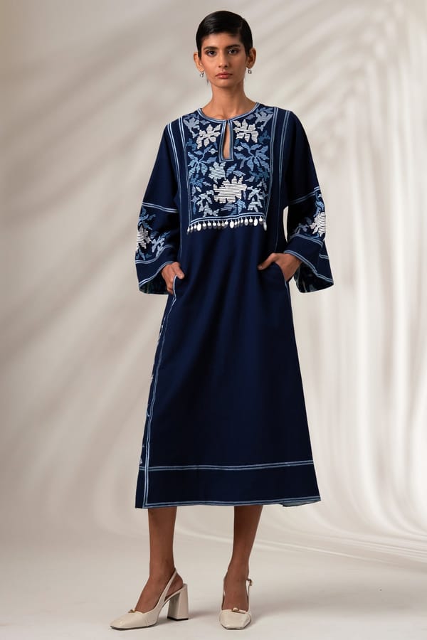 Indigo Embroidered Yoke Straight Midi Dress — Madder Much