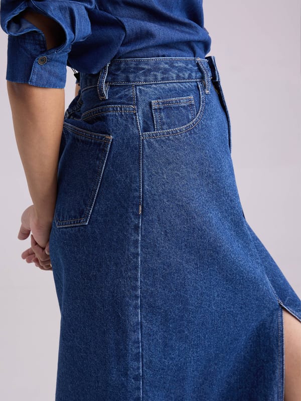 DenimClassic Navy Front Slit Maxi Skirt — Femmella