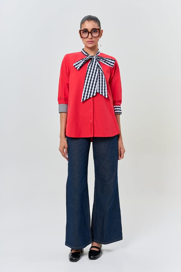 Red Cotton Shirt with Gingham Bow and Contrast Cuffs — KOR