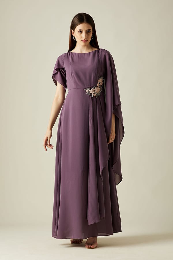 Purple Draped Cape Maxi Dress with Sequin Embroidery — Aakaar