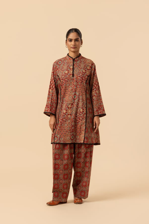 Naseebo Maroon Mandala Ajrakh Printed Farshi Coord Set — Naseebo