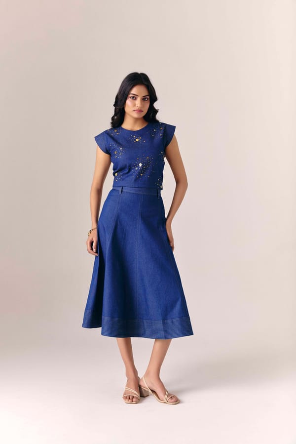 Denim Top and Flared Midi Skirt Co-ord Set — Savaaya